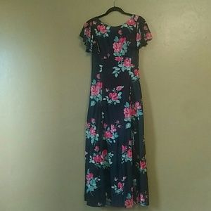 Vintage rose long jersey dress w/ fan cap sleeves